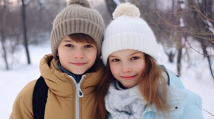 Fototapeta premium Portrait of 10 years children in a winter park with a hill