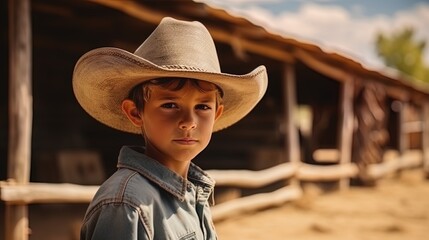 Portrait of 10 years children in cowboy hats on the ranch