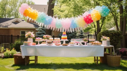 Obraz premium Candy bar with colorful balloons and ribbons at a birthday party
