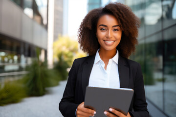 Black businesswoman smiling and holding tablet, with office building in the background - obrazy, fototapety, plakaty