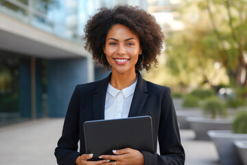 Black businesswoman smiling and holding tablet, with office building in the background