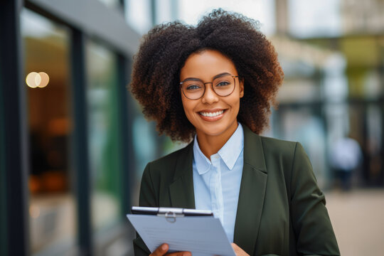 Black businesswoman smiling and holding tablet, with office building in the background