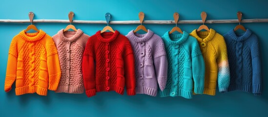 Donated hand-knitted sweaters for children, against a bright backdrop. - obrazy, fototapety, plakaty