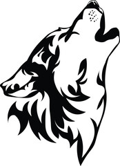 Cartoon Black and White Isolated Illustration Vector Of A Howling Wolfs Head