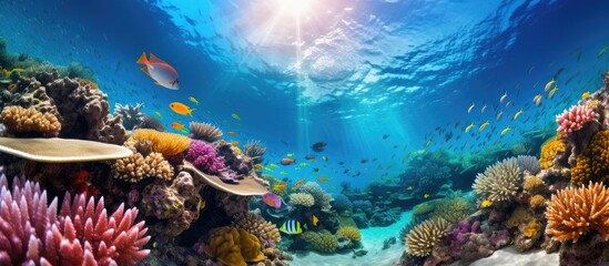 Explore the captivating marine haven of the Great Barrier Reef, where underwater photographers and ocean lovers delight in vibrant sea life. - obrazy, fototapety, plakaty