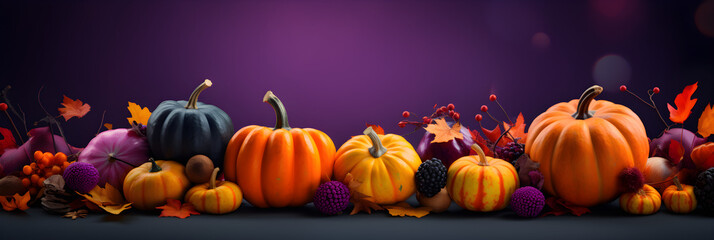 Naklejka na ściany i meble Colourful pumpkins and leaves on a purple backdrop. High quality photo. Wallpaper