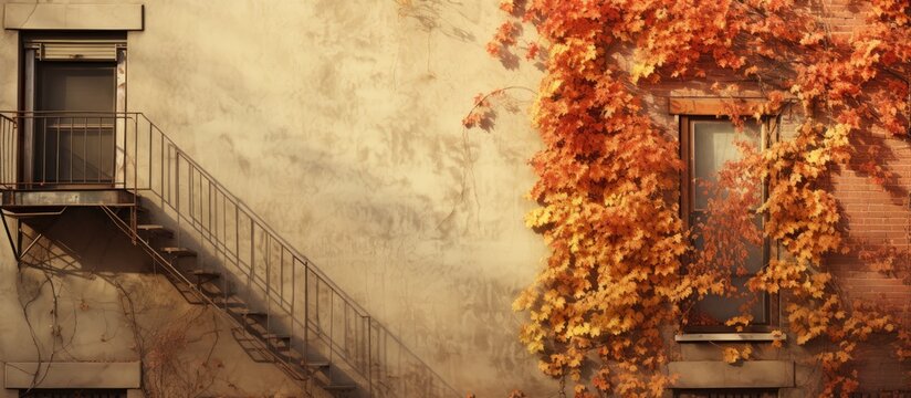 Autumn day, old building, wall fire escape.
