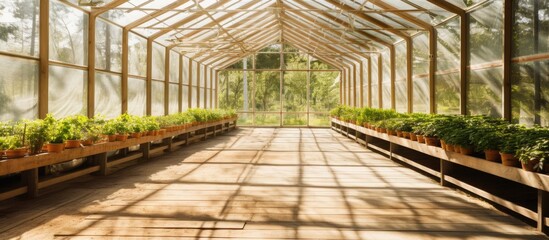 Empty greenhouse interior on sunny day ready for seeding.