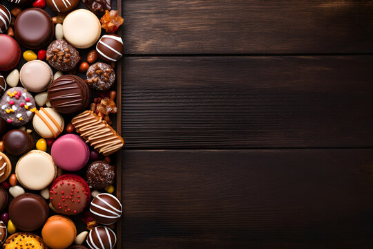  Sweets on wooden background covered by different coloured candies
