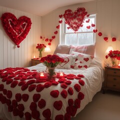 A festive Valentine's bedroom with a red and white bedspread, a bouquet of red roses, and heart-shaped garlands.