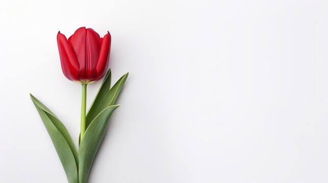 red tulip against a clean white backdrop, perfect for text placement to wish valentines day.