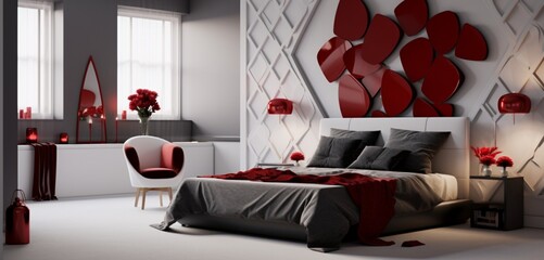 A modern Valentine's bedroom with a sleek bed, geometric red rose patterns, heart decor, and contemporary pestles.
