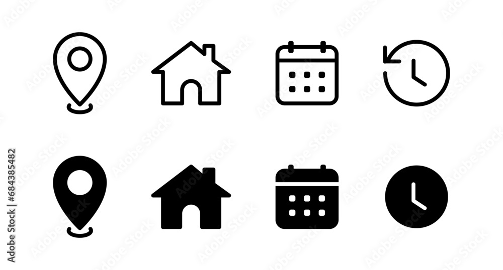 Fototapete address home icon. map pin location icon. stopwatch timer icon. date calendar icon - web icons set