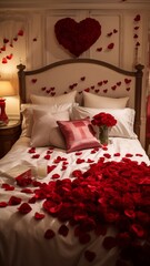 A peaceful Valentine's bedroom with a comfortable bed, a bouquet of red roses, and heart-shaped pillows.