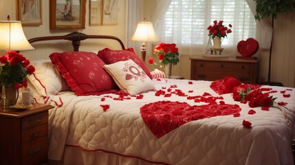 A charming Valentine's bedroom with a quilted bedspread, a cluster of red roses, and heart-shaped throw pillows.