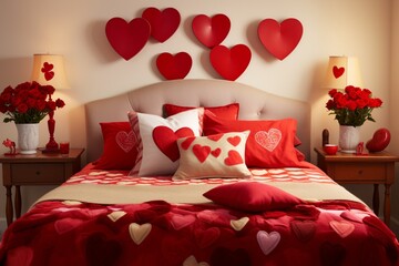 A playful Valentine's bedroom with a colorful bed, red roses and heart-shaped pillows, and fun, decorative pestles.