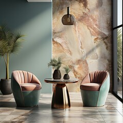 Modern-style room with green and pink chairs, round table, and marble pattern wall