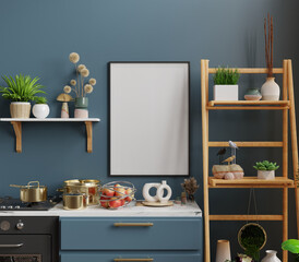 Mockup poster frame in kitchen interior and accessories with dark blue wall background