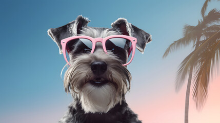 Cute schnauzer on exotic destination. Minimal travel concept. Time for summer.	