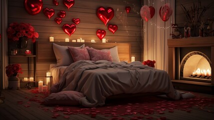 A romantic Valentine's bedroom with a fireplace, a bed covered in red rose petals, and heart-shaped balloons floating above.