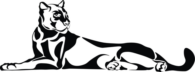 Cartoon Black and White Isolated Illustration Vector Of A Panther Cat Laying Down - obrazy, fototapety, plakaty