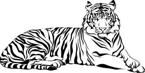 Cartoon Black and White Isolated Illustration Vector Of A Tiger Cat Laying Down