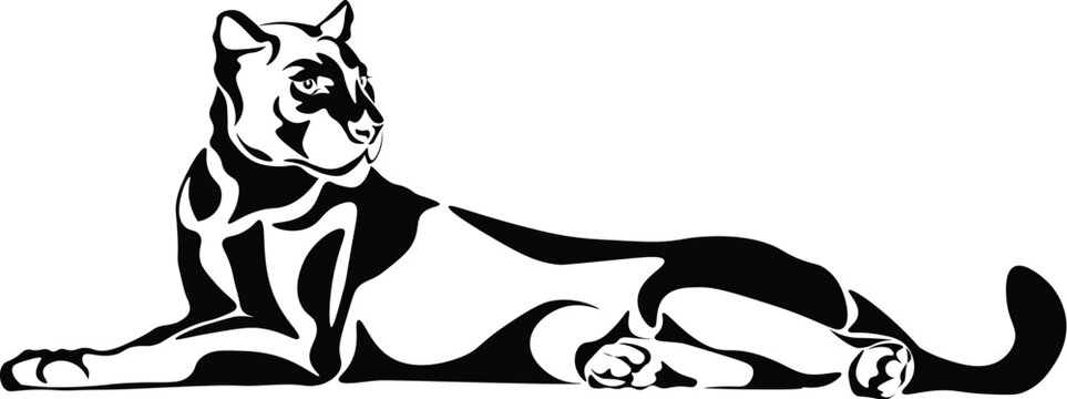 Cartoon Black and White Isolated Illustration Vector Of A Panther Cat Laying Down