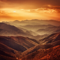 Naklejka premium Sunset Serenity: Warm Hues Over Inspiring Mountain Landscape