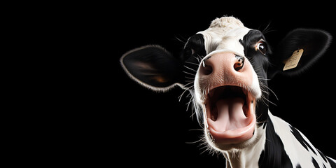 cow head with open mouth portrait black background with copy space - obrazy, fototapety, plakaty