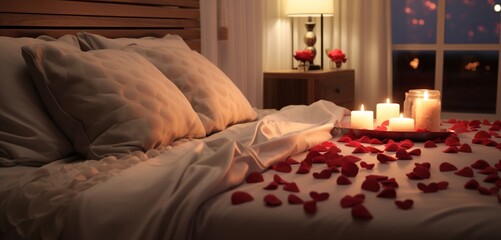 A serene Valentine's bedroom with soft lighting, a bedspread of red rose petals and hearts, and elegant pestles on the nightstand. - obrazy, fototapety, plakaty