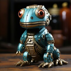 Quaint Blue Robot Frog Toy on Wooden Table
