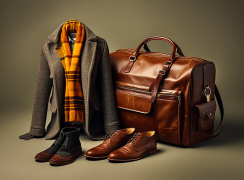 Elegance winter collection, Leather jacket and leather Suitcase, leather boot and scarf, jeans and leather wallet, slim fit, classic 
