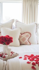 A serene Valentine's bedroom with a calm color palette, a bouquet of red roses, and heart-shaped throw pillows on the bed.