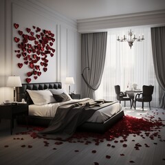 A sophisticated Valentine's bedroom with a monochrome palette, accented with red rose petals and heart-shaped decor.