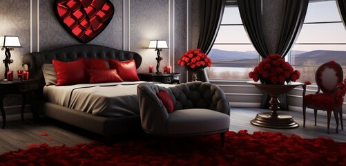 A sophisticated Valentine's bedroom with a monochromatic theme, accented by red roses, heart patterns, and modern pestles.