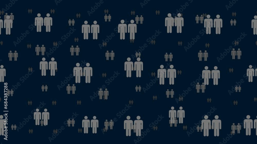 Poster man with man symbols float horizontally from left to right. parallax fly effect. floating symbols ar