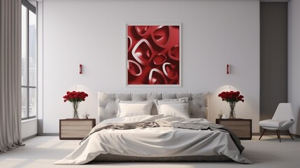 A stylish Valentine's bedroom with a modern bed, red roses in minimalist vases, and abstract heart art on the walls.