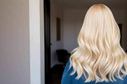 Mulher com cabelo loiro ondulado de costas sal&atilde;o de beleza 