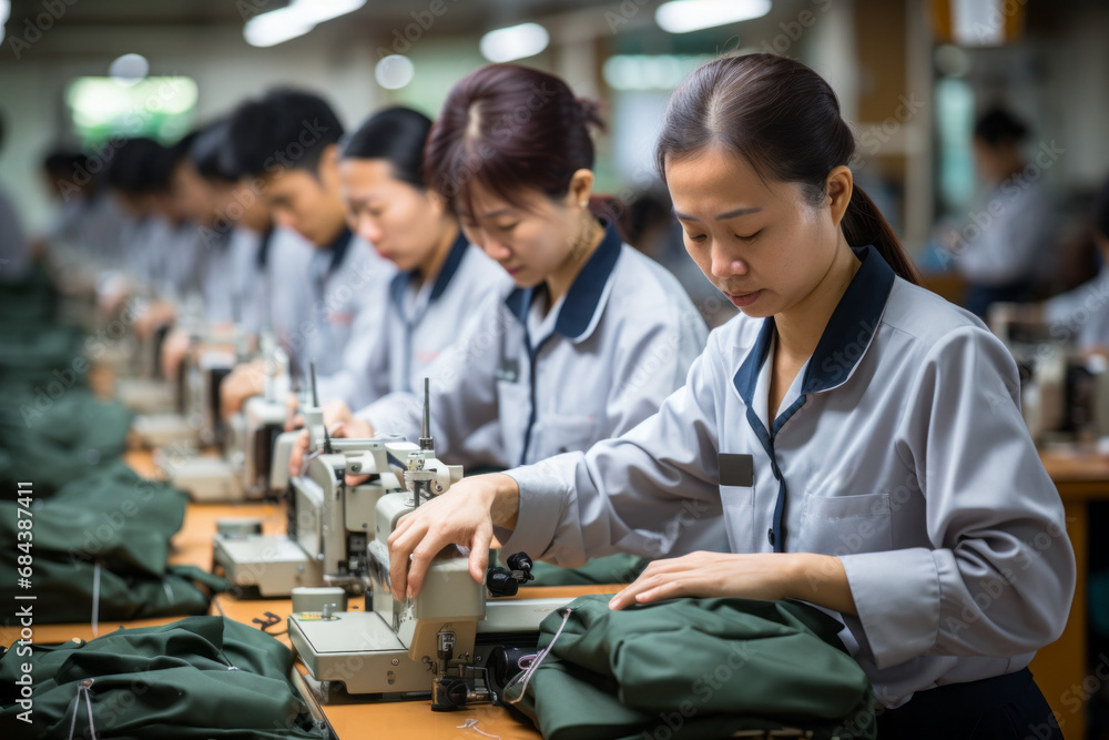 Poster workers at an asian garment factory at work. background with selective focus and copy space