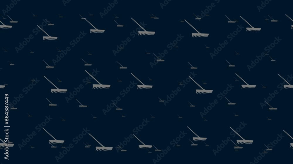 Poster Rake symbols float horizontally from left to right. Parallax fly effect. Floating symbols are located randomly. Seamless looped 4k animation on dark blue background