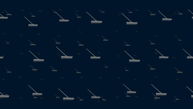 Rake symbols float horizontally from left to right. Parallax fly effect. Floating symbols are located randomly. Seamless looped 4k animation on dark blue background