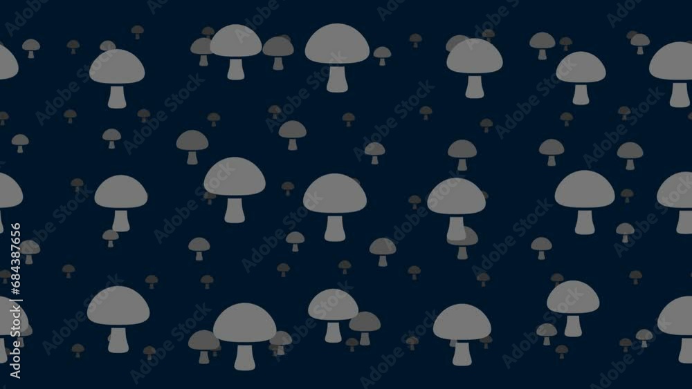 Poster mushroom symbols float horizontally from left to right. parallax fly effect. floating symbols are lo