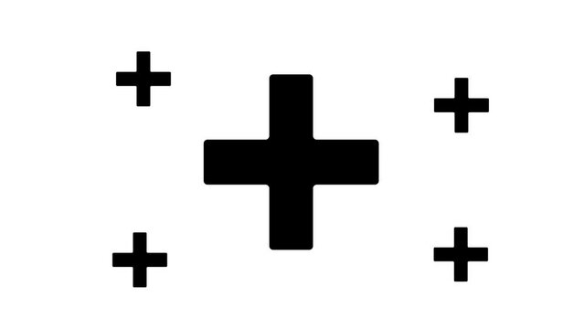 Zoom in and out animation the plus symbol. Large black symbol in the center and four small symbols around. Seamless looped 4k animation on white background