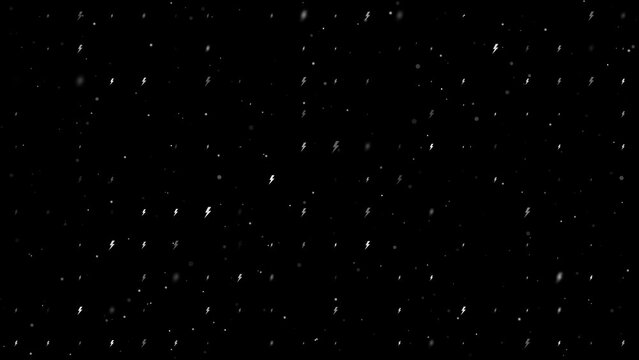 Template animation of evenly spaced lightning symbols of different sizes and opacity. Animation of transparency and size. Seamless looped 4k animation on black background with stars