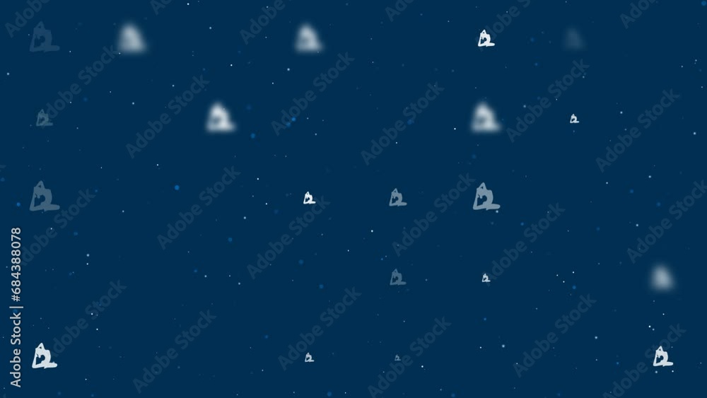 Poster template animation of evenly spaced yoga stretching pose symbols of different sizes and opacity. ani