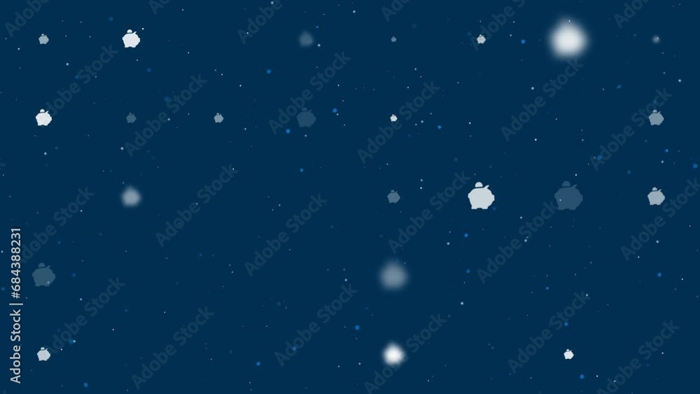 Poster template animation of evenly spaced piggy bank symbols of different sizes and opacity. animation of 
