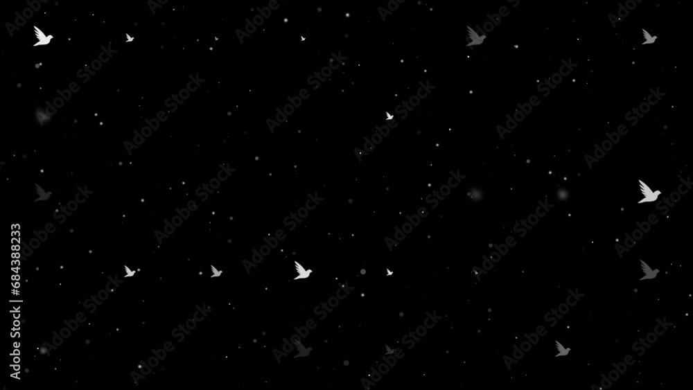 Poster template animation of evenly spaced bird symbols of different sizes and opacity. animation of transp