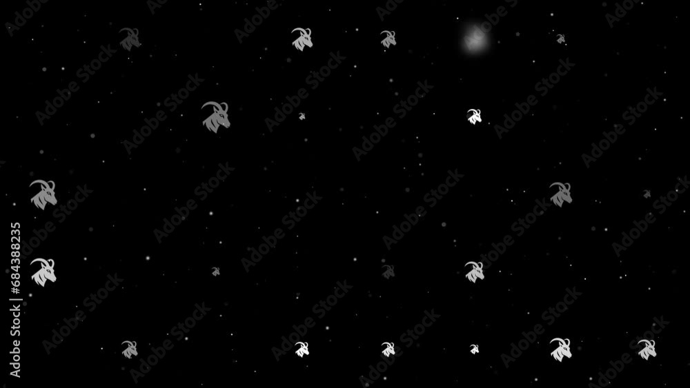 Poster Template animation of evenly spaced goat's head symbols of different sizes and opacity. Animation of transparency and size. Seamless looped 4k animation on black background with stars