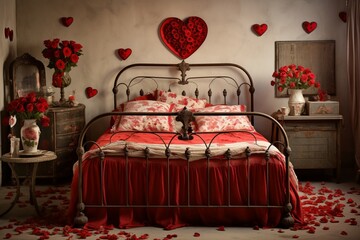A vintage Valentine's bedroom with an iron bed, red roses in heart formations, and antique pestles.