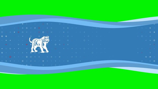 Animation of blue banner waves movement with white tiger symbol on the left. On the background there are small white shapes. Seamless looped 4k animation on chroma key background